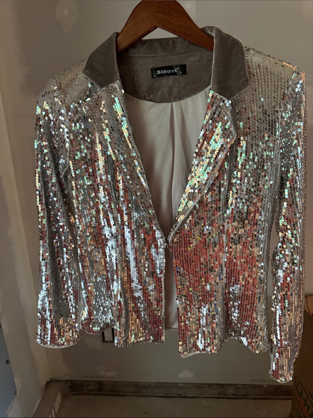 Allegra K Iridescent Silver Sequin Blazer Jacket
